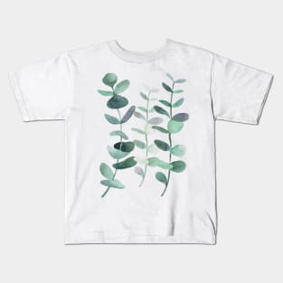 Watercolor, eucalyptus, leaves, botanical, painting, green Kids T-Shirt